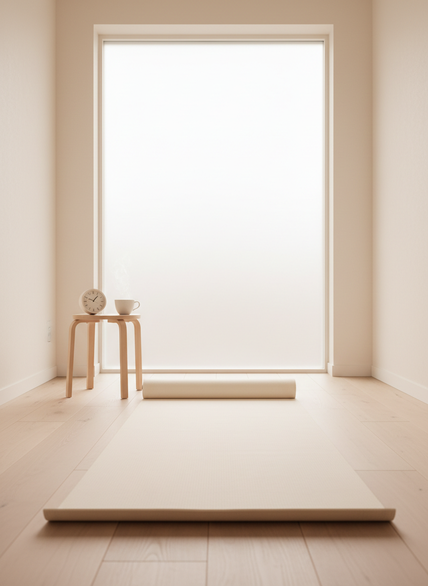 A serene studio nook dedicated to slow morning practice, featuring a single unrolled cream yoga mat facing a large, frosted-glass window that diffuses soft, pearly daylight across the room. A low, natural wood stool sits at the mat’s top, holding a small, matte white ceramic cup of herbal tea and a simple analog clock showing an early morning hour. The walls are painted a warm, soft white, free of decorations, enhancing the minimalist, focused aesthetic. Photographic realism, captured from behind the mat at floor level, draws the viewer into the space. The mood is unhurried, contemplative, and professionally curated for gentle morning sessions.