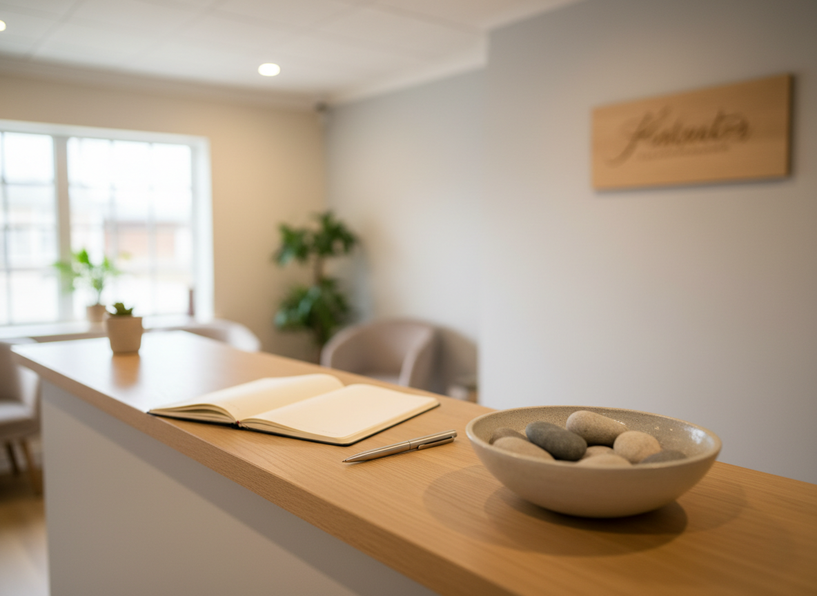 A tranquil reception area of a small yoga studio, focusing on a light oak counter with a smooth, satin finish. On the counter rests a simple ceramic bowl holding a few polished river stones, beside a small, open linen notebook and a slim, modern pen, suggesting sign-ups or inquiries. Behind the counter, a pale gray wall features a discreet, engraved wooden plaque with the studio’s name blurred just enough to remain generic. Soft overhead lighting combines with natural window light from the side, creating a gentle, welcoming glow. Photographic realism, captured from a slightly angled, waist-level perspective with moderate depth of field, conveys professionalism and ease of contact.
