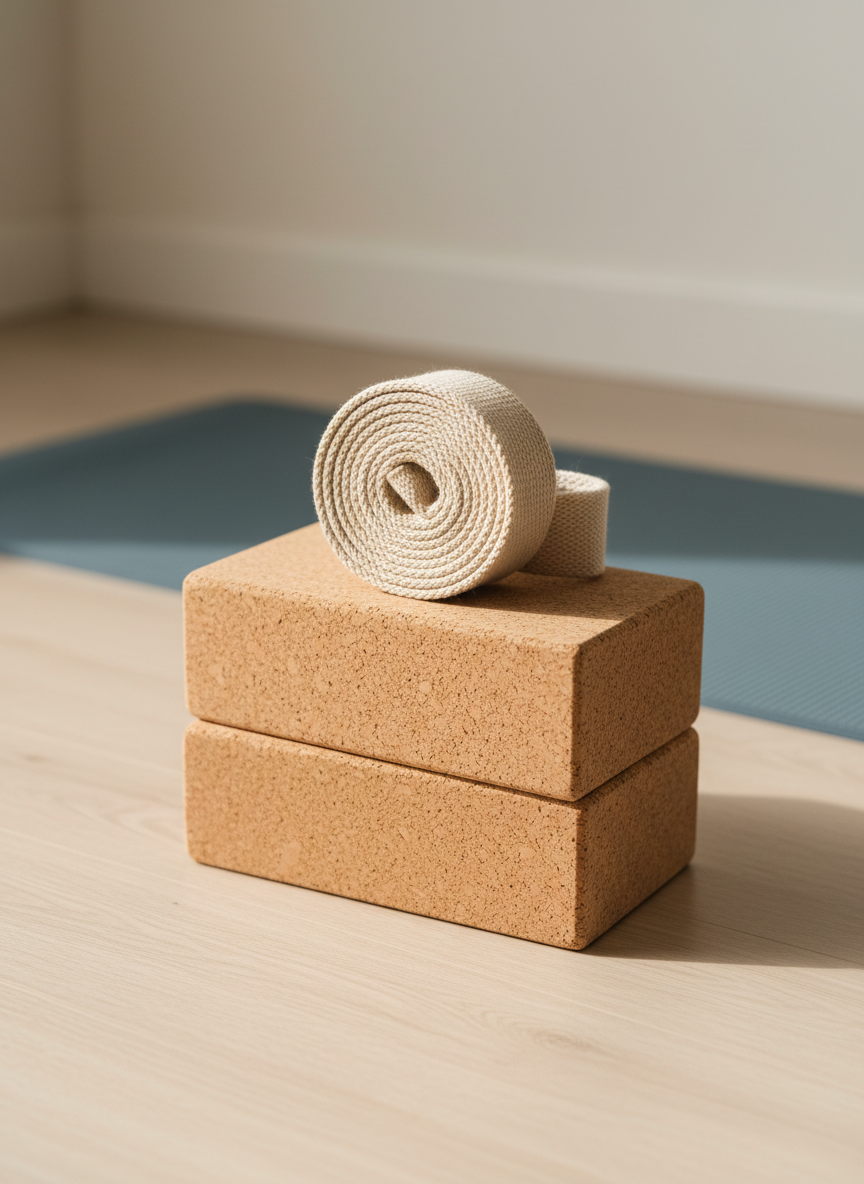 A close-up of a neatly coiled natural-fiber yoga strap, its beige cotton texture clearly visible, resting atop a stack of three cork blocks on a warm wooden floor. In the softly blurred background, the edge of a slate-blue yoga mat runs diagonally across the frame, leading the eye toward a simple, pale wall. Gentle morning light from a nearby window grazes the strap and blocks, emphasizing their organic textures and casting soft, rounded shadows. Photographic realism with a shallow depth of field creates an intimate, calm, and professional mood, ideal for highlighting the studio’s quality props and attention to a slow, mindful practice style.