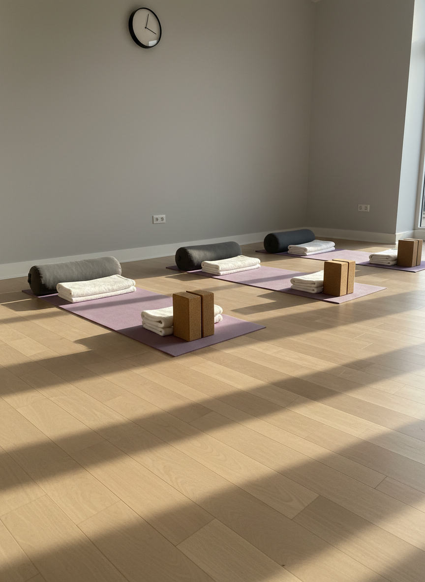 A peaceful studio space set up for a restorative yoga class, featuring three evenly spaced, unoccupied setups: each includes a muted lavender mat, two cork blocks, a cylindrical charcoal bolster, and a folded white cotton blanket. The props are aligned with precise spacing on smooth, light-toned wooden flooring. The far wall displays a simple, pale gray tone with a single, minimalist wall clock, slightly blurred. Late afternoon natural light streams in from large off-frame windows, creating long, soft shadows and a golden, calming ambiance. Photographic realism, captured from a slightly elevated diagonal angle, showcases order, care, and a serene, professional environment perfect for slow, mindful practice.