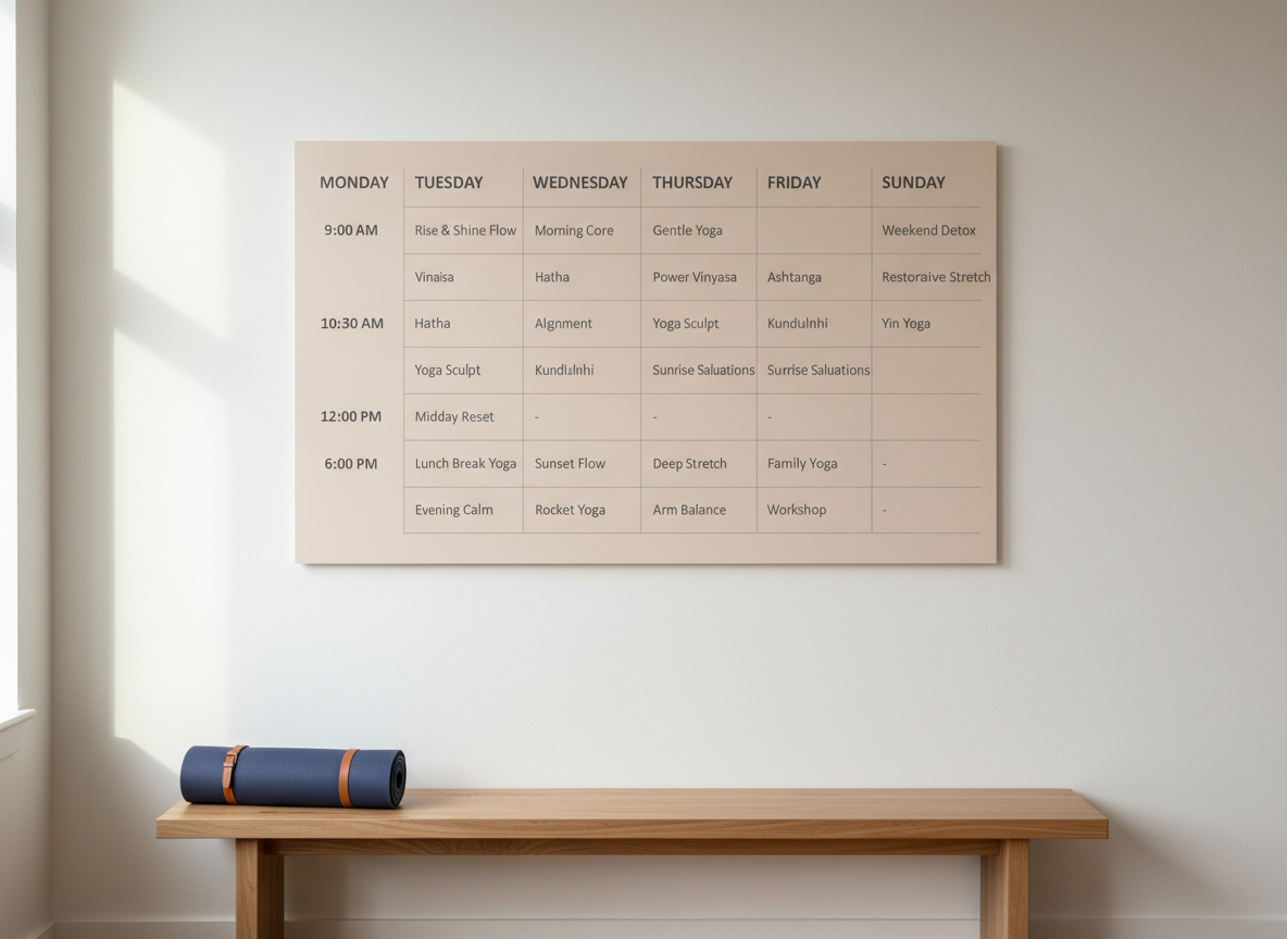 A clean, wall-mounted class schedule board for a yoga studio, designed in a minimalist style, fills most of the frame. The board features a soft sand-colored background with neatly printed class names and times in charcoal gray, organized in clear rows and columns, with subtle dividing lines. It hangs on a pale, matte white wall above a smooth wooden bench that holds a single rolled navy yoga mat. Natural afternoon light from a side window illuminates the board evenly, avoiding glare while casting a gentle shadow beneath the bench. Photographic realism, shot straight on at eye level, emphasizes clarity and professionalism, perfect for a website’s schedule or timetable section.