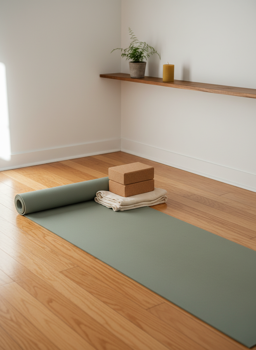 An inviting corner of a neighborhood yoga studio, featuring an unrolled sage-green mat aligned perfectly on honey-colored wooden planks, with two neatly stacked cork blocks and a folded cream cotton blanket at the top edge. A matte white wall in the background holds a simple wooden shelf displaying a small potted fern and a single unlit beeswax candle. Soft, diffused midday light enters from an unseen side window, creating gentle highlights on the wood grain and subtle shadows under each prop. Photographic realism with a slightly elevated angle and balanced composition conveys a calm, organized, and professional atmosphere, ideal for showcasing the studio’s attention to detail.